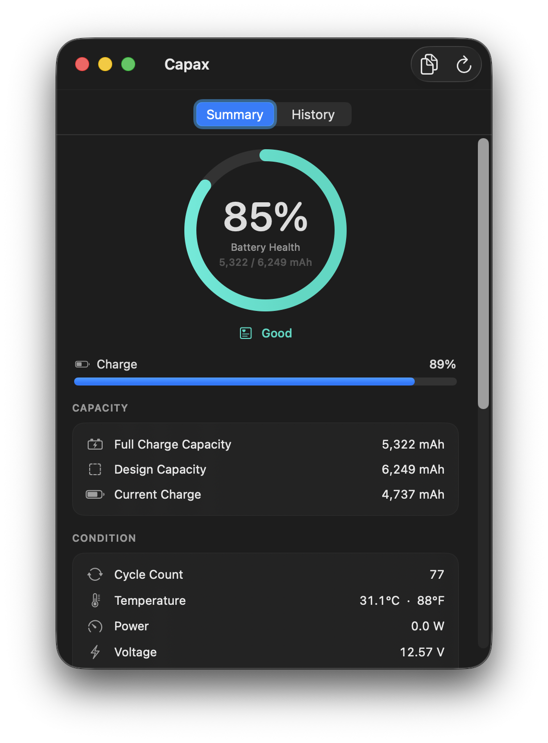 Capax Summary tab showing battery health, capacity and condition